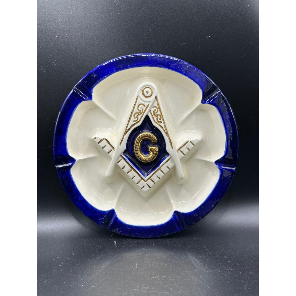 Vintage 1964 Masonic Ceramic Ashtray Cobalt Blue White Gold Hand Painted Verna